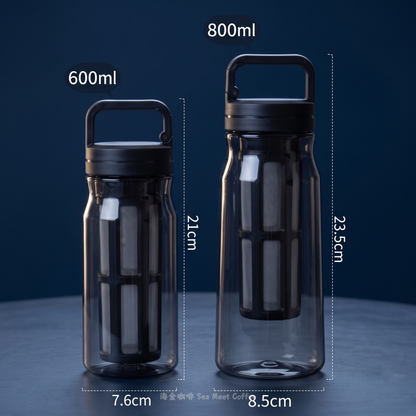 B-01 便攜式冷萃瓶 600ml 與 800ml 雙規格尺寸標註與冰箱側門收納規格圖