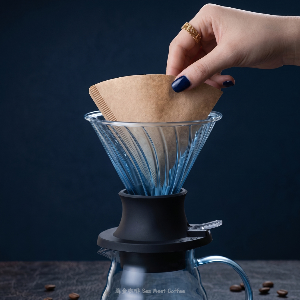 D-01 浸泡式聰明濾杯完美適配 V60 錐形濾紙展示，展現流暢波浪導流內壁
